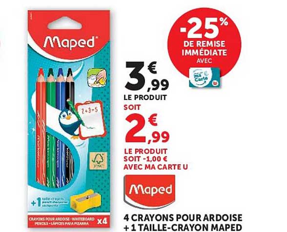 4 crayons pour ardoise + 1 taille-crayon Maped