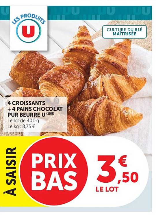 4 CROISSANTS + 4 PAINS CHOCOLAT PUR BEURRE U