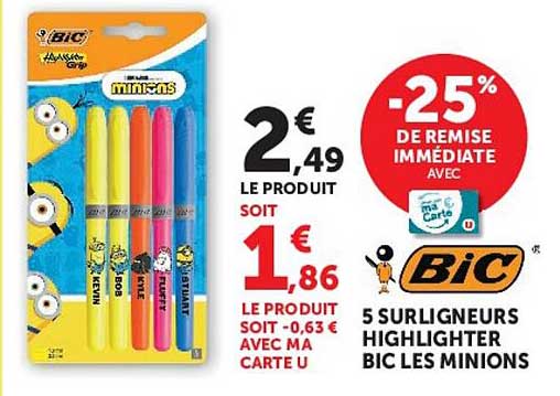 5 surligneurs highlighter Bic Les Minions