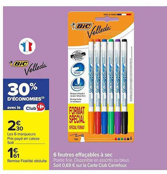 6 feutres effaçables à sec pointe fine. Disponible en assortis ou bleus