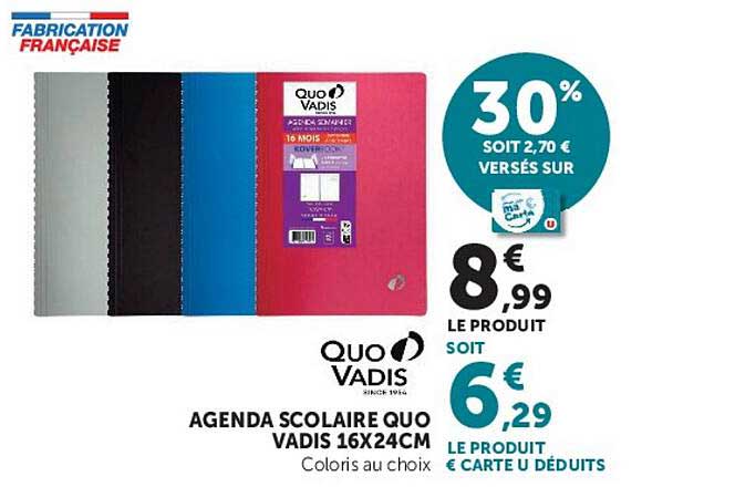 AGENDA SCOLAIRE QUO VADIS 16X24CM Coloris au choix