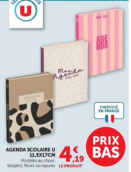 AGENDA SCOLAIRE U 11,5X17CM Modèles au choix: léopard, fleurs ou rayures