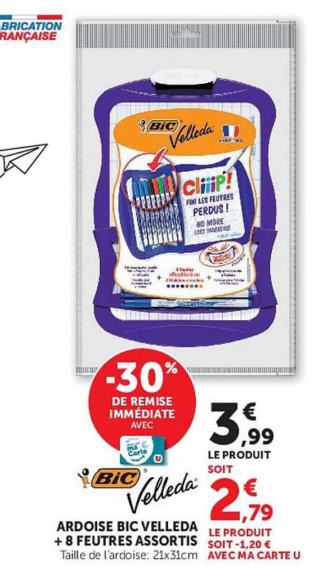 ARDOISE BIC VELLEDA + 8 FEUTRES ASSORTIS