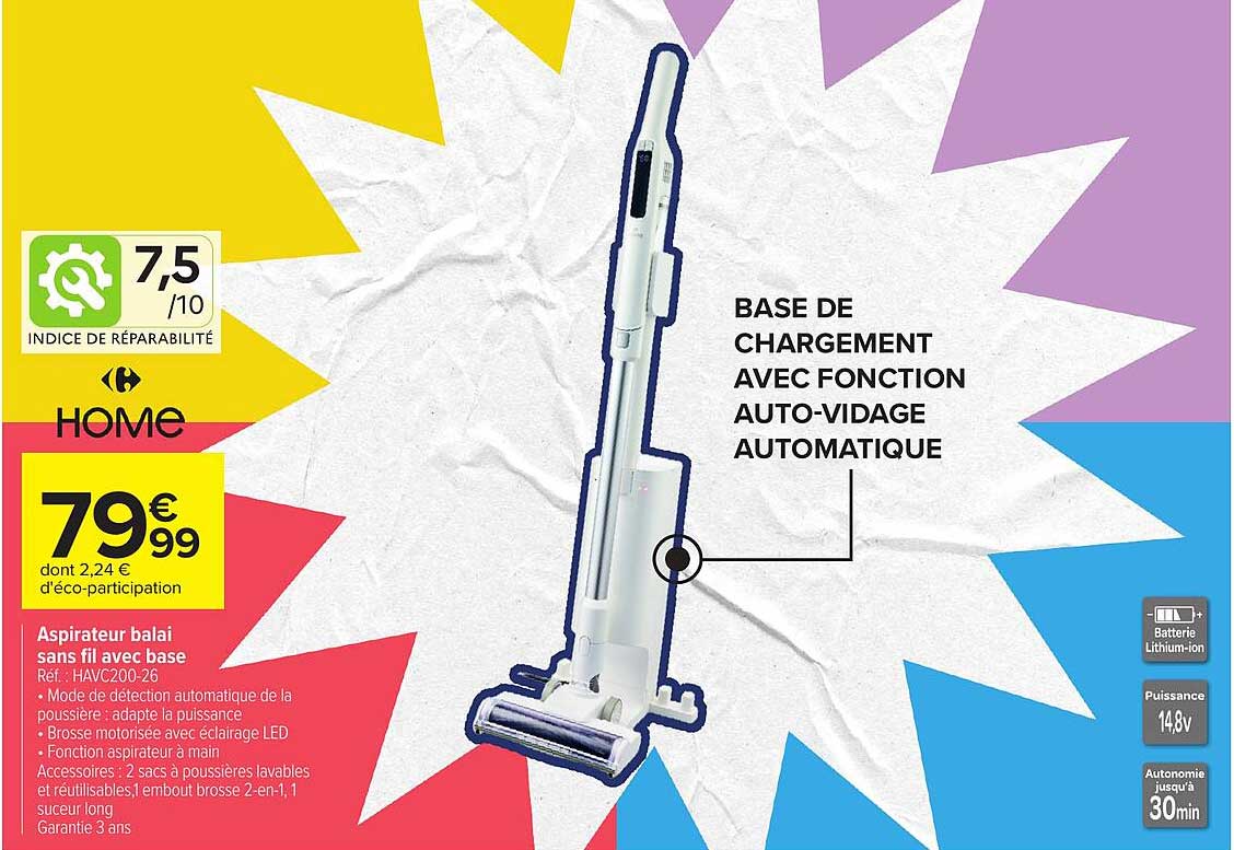 Aspirateur balai sans fil avec base