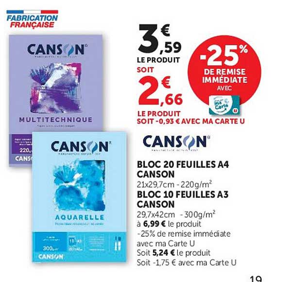 BLOC 20 FEUILLES A4 CANSON 21x29,7cm - 220g/m² BLOC 10 FEUILLES A3 CANSON 29,7x42cm - 300g/m²
