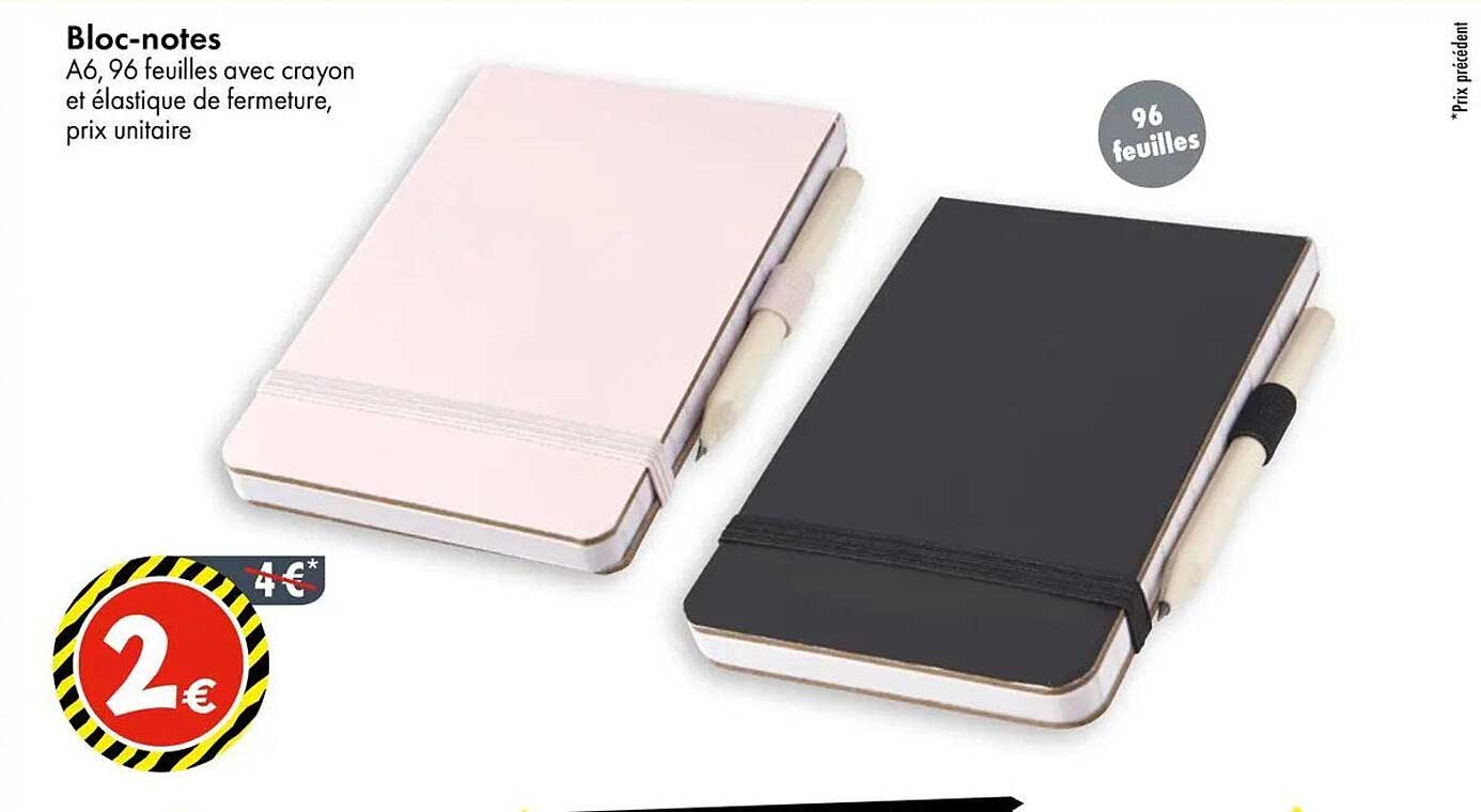 Bloc-notes A6, 96 feuilles avec crayon et élastique de fermeture, prix unitaire