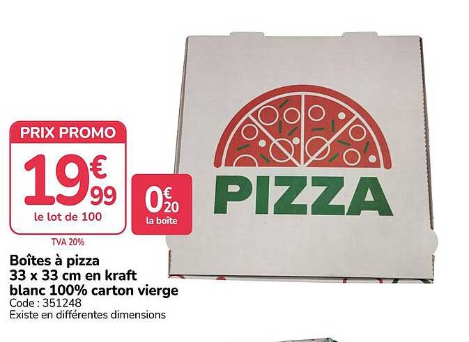 Boîtes à pizza 33 x 33 cm en kraft blanc 100% carton vierge