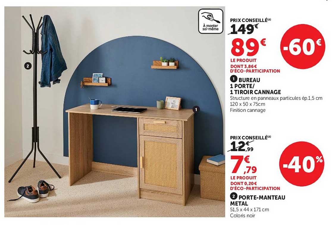 BUREAU 1 PORTE/1 TIROIR CANNAGE