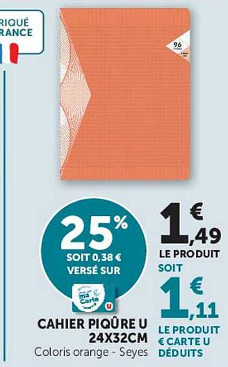 Cahier piqué U 24x32cm - Coloris orange - Seyes