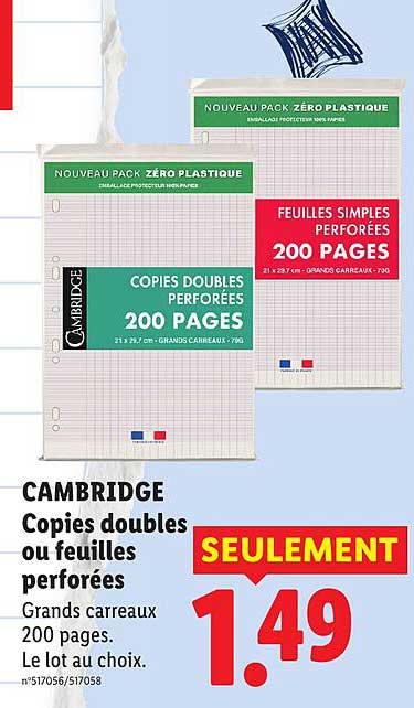 CAMBRIDGE Copies doubles ou feuilles perforées Grands carreaux 200 pages. Le lot au choix.