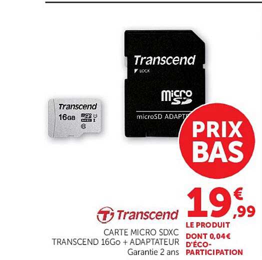 CARTE MICRO SDXC TRANSCEND 16GO + ADAPTATEUR