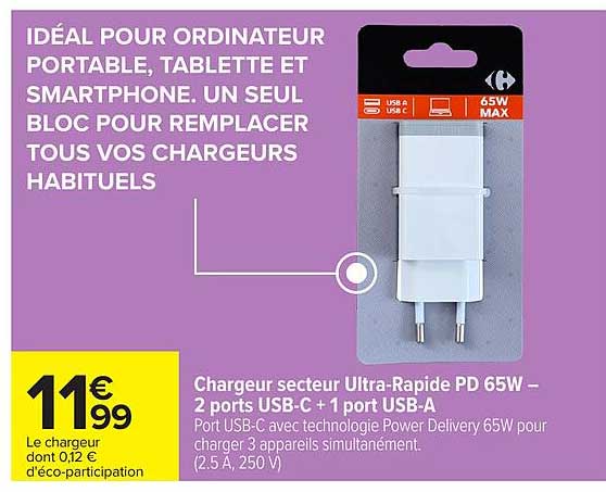 Chargeur secteur Ultra-Rapide PD 65W – 2 ports USB-C + 1 port USB-A