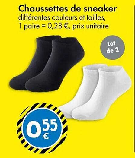 Chaussettes de sneaker différentes couleurs et tailles, 1 paire = 0,28 €, prix unitaire