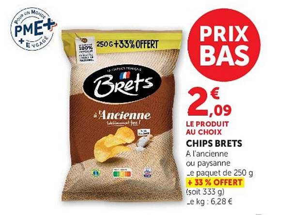 CHIPS BRET'S A l'ancienne ou paysanne - le paquet de 250 g + 33 % OFFERT (soit 333 g)