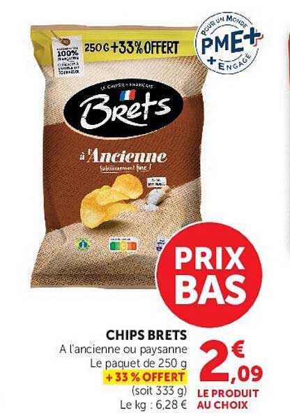 CHIPS BRET'S A l'ancienne ou paysanne Le paquet de 250 g + 33% OFFERT (soit 333 g)