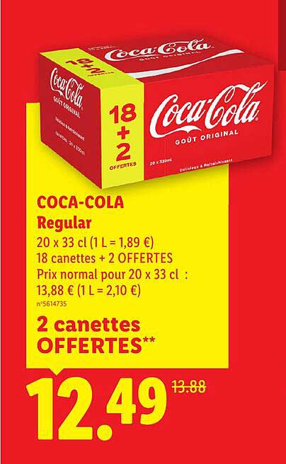 COCA-COLA Regular 20 x 33 cl (1 L = 1,89 €) 18 canettes + 2 OFFERTES