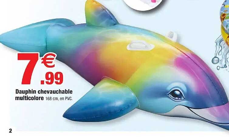 Dauphin chevauchable multicolore 168 cm, en PVC.