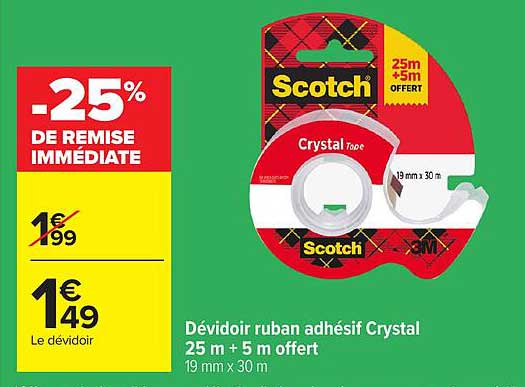 Dévidoir ruban adhésif Crystal 25 m + 5 m offert 19 mm x 30 m