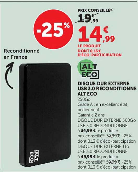 DISQUE DUR EXTERNE USB 3.0 RECONDITIONNNE ALT ECO