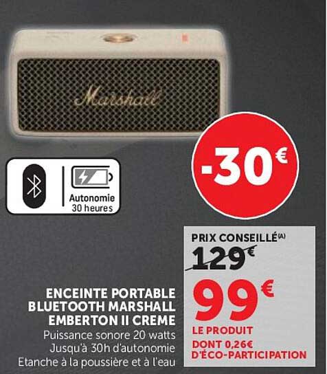 ENCEINTE PORTABLE BLUETOOTH MARSHALL EMBERTON II CREME