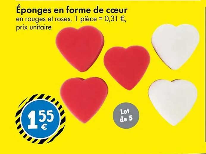 Éponges en forme de cœur en rouges et roses, 1 pièce = 0,31 €, prix unitaire