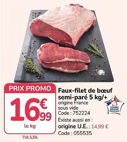 Faux-filet de boeuf semi-paré 5 kg/+ origine France sous vide