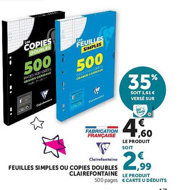 FEUILLES SIMPLES OU COPIES DOUBLES CLAIREFONTAINE 500 pages