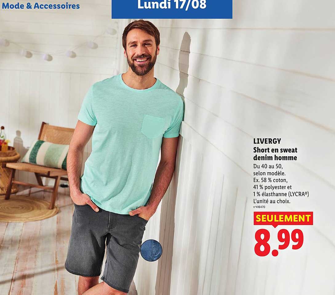 LIVERGY Short en sweat denim homme