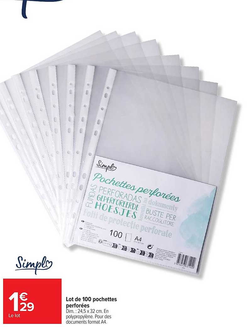 Lot de 100 pochettes perforées