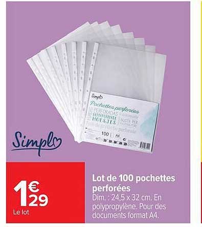 Lot de 100 pochettes perforées