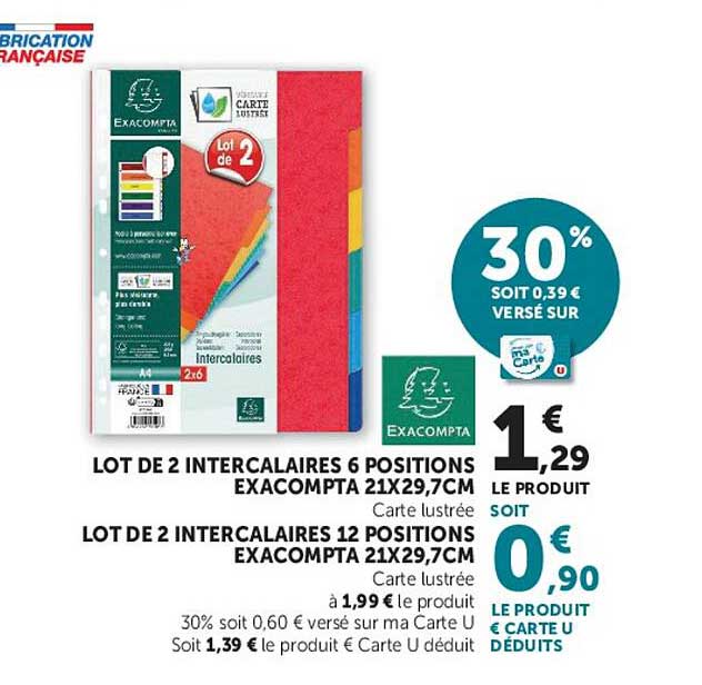 LOT DE 2 INTERCALAIRES 6 POSITIONS EXACOMPTA 21X29,7CM