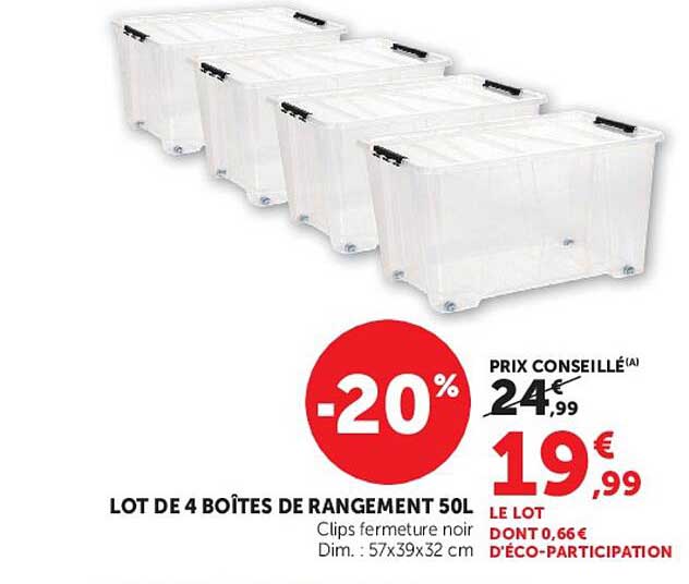 LOT DE 4 BOÎTES DE RANGEMENT 50L