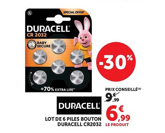 LOT DE 6 PILES BOUTON DURACELL CR2032