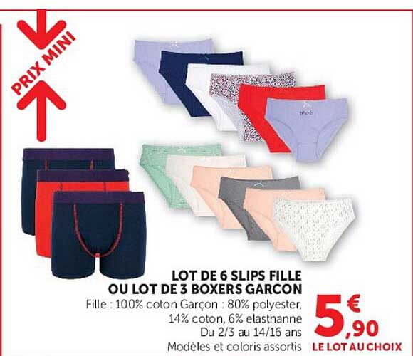 LOT DE 6 SLIPS FILLE OU LOT DE 3 BOXERS GARCON