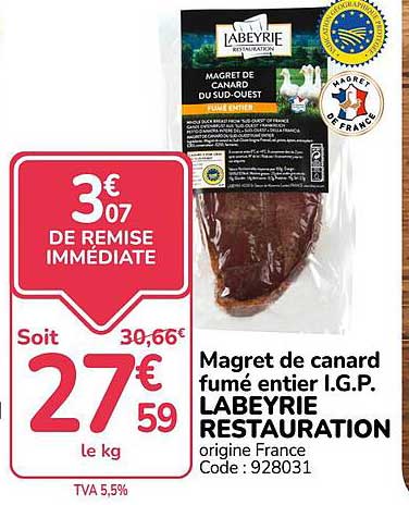 Magret de canard fumé entier I.G.P. LABEYRIE RESTAURATION