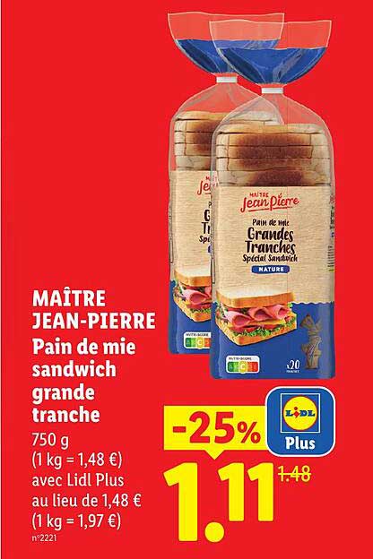 MAÎTRE JEAN-PIERRE Pain de mie sandwich grande tranche