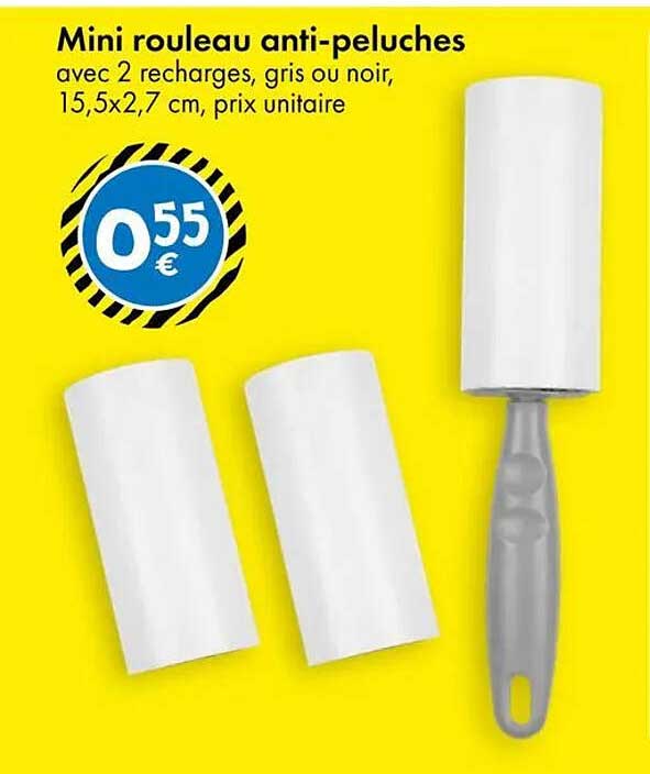 Mini rouleau anti-peluches avec 2 recharges, gris ou noir, 15,5x2,7 cm, prix unitaire