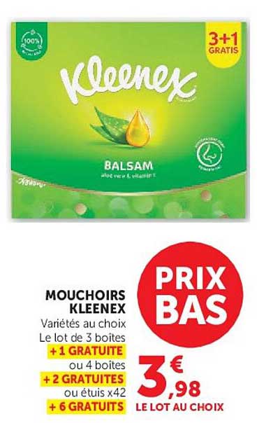 MOUCHOIRS KLEENEX Variétés au choix Le lot de 3 boîtes +1 GRATUITE ou 4 boîtes +2 GRATUITES ou étuis x42 + 6 GRATUITS