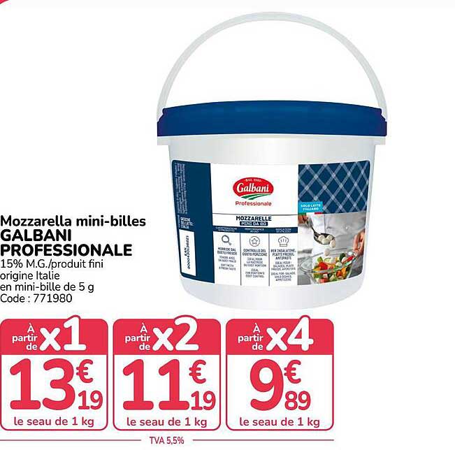 Mozzarella mini-billes GALBANI PROFESSIONALE 15% M.G./produit fini origine Italie en mini-bille de 5 g Code : 771980