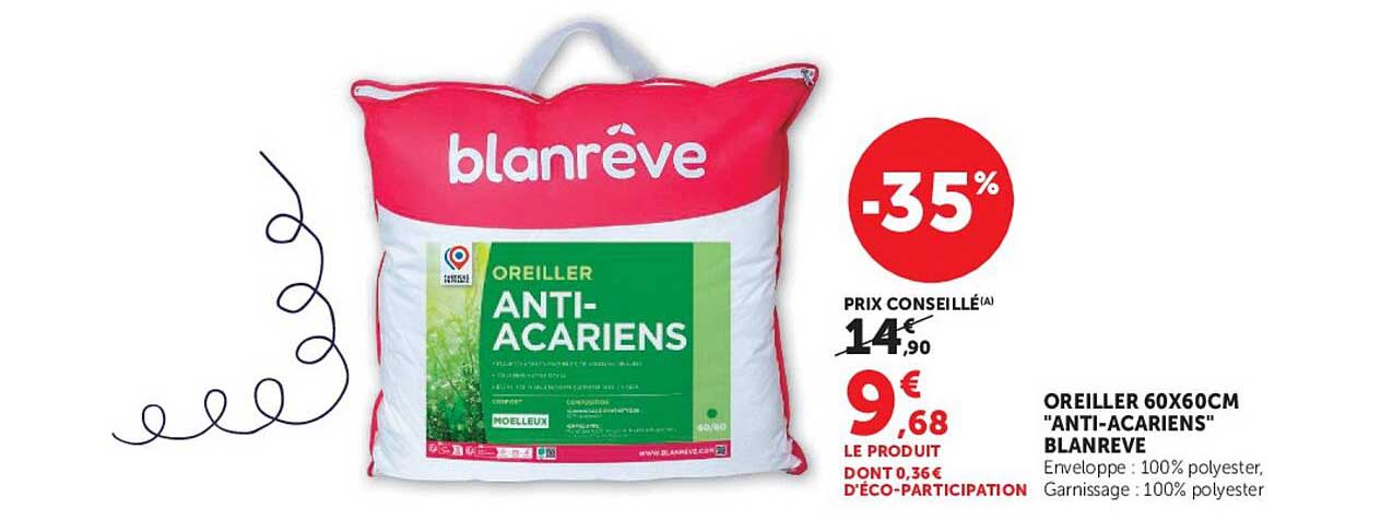 OREILLER 60X60CM "ANTI-ACARIENS" BLANREVE