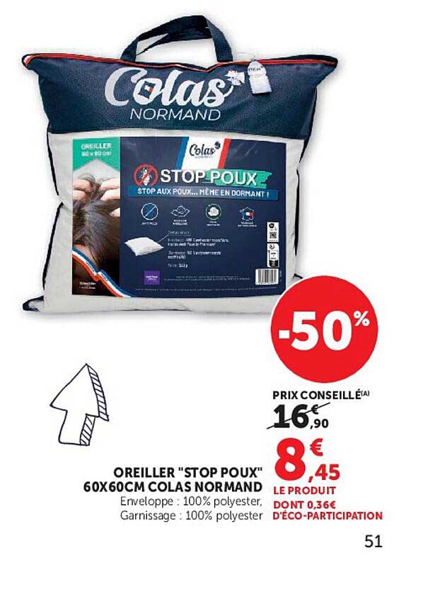 OREILLER "STOP POUX" 60X60CM COLAS NORMAND