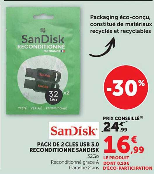 PACK DE 2 CLES USB 3.0 RECONDITIONNE SANDISK 32Go