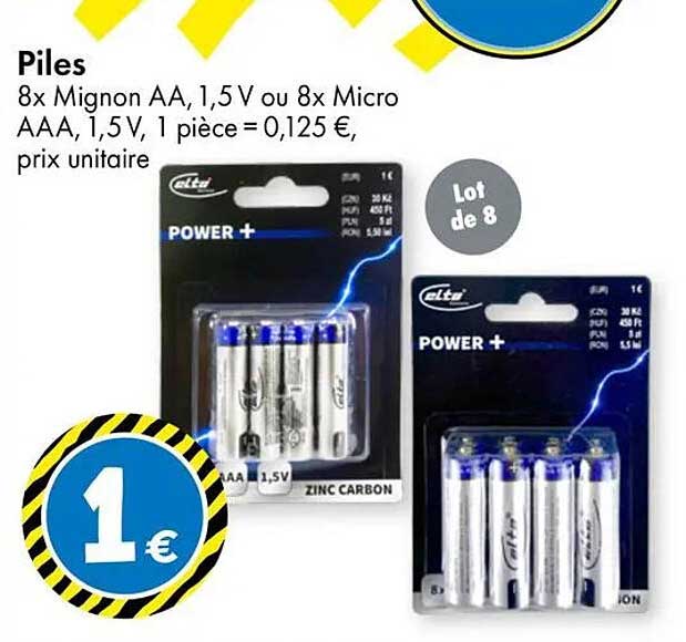 Piles 8x Mignon AA, 1,5 V ou 8x Micro AAA, 1,5 V, 1 pièce = 0,125 €, prix unitaire