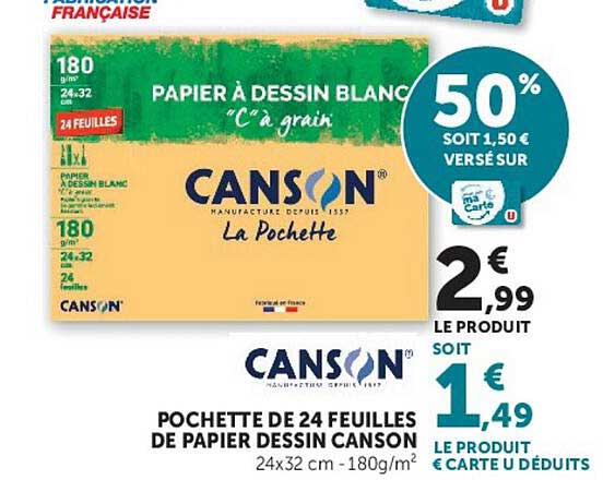 POCHETTE DE 24 FEUILLES DE PAPIER DESSIN CANSON 24x32 cm - 180g/m²