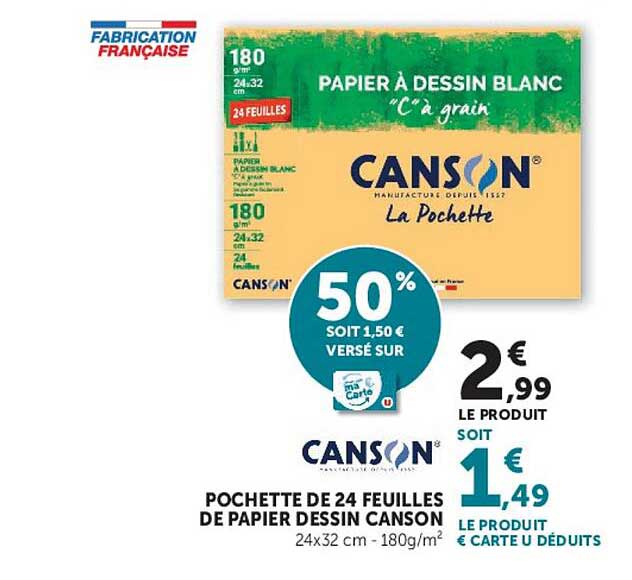 POCHETTE DE 24 FEUILLES DE PAPIER DESSIN CANSON 24x32 cm - 180g/m²