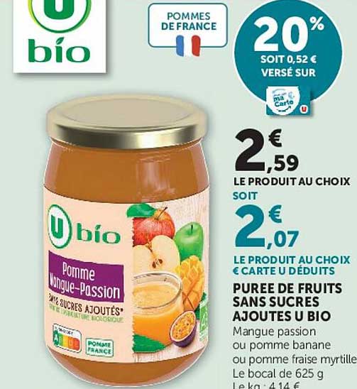 PURÉE DE FRUITS SANS SUCRES AJOUTÉS U BIO