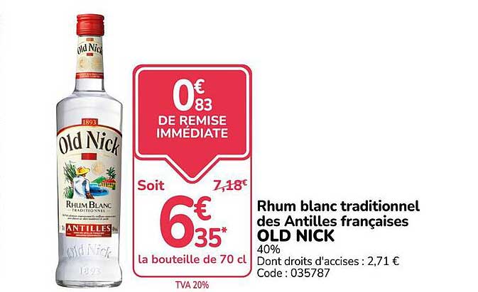 Rhum blanc traditionnel des Antilles françaises OLD NICK