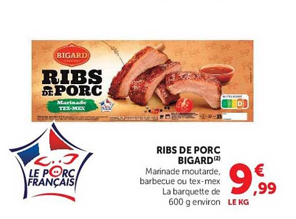 RIBS DE PORC BIGARD Marinade moutarde, barbecue ou tex-mex La barquette de 600 g environ