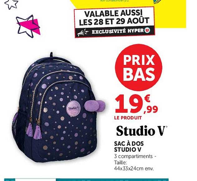Studio V SAC À DOS STUDIO V 3 compartiments - Taille: 44x33x24cm env.