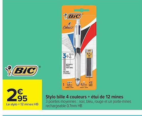 Stylo bille 4 couleurs + étui de 12 mines